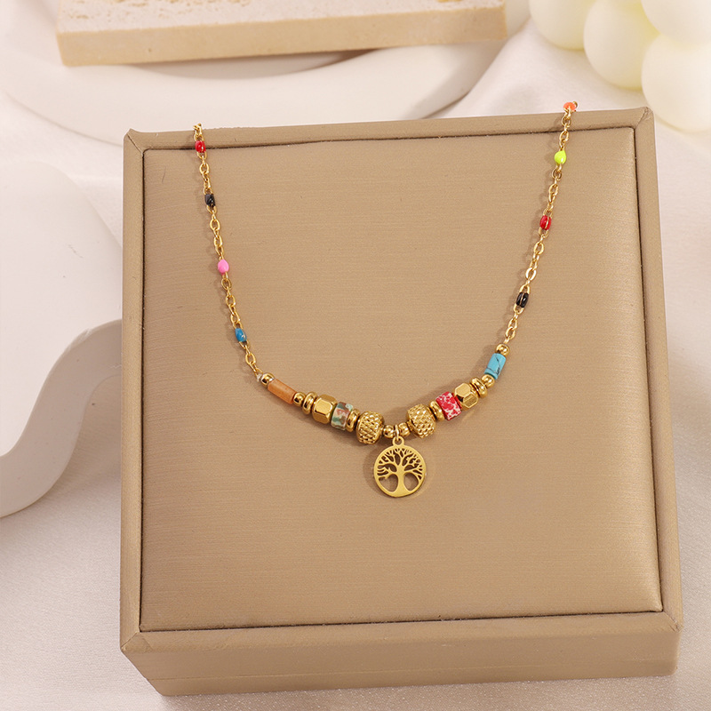 Stainless Steel Beaded Tree of Life Bracelet, Light Luxury and High-End Feel, Cross-Border European and American Style, Good Luck, Gold Color, Versatile, Non-Fading Bracelet