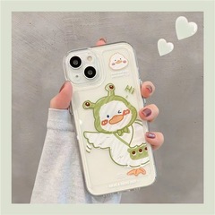 かわいい緑の帽子のアヒルはiphone16proの携帯ケース15proリンゴ14plus少女13かわいい12に適している