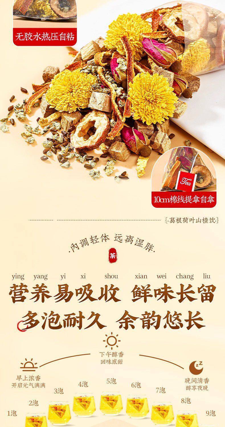 Kudzu Lotus Leaf Hawthorn Tea Ge Gen He Ye Shan Zha Drink 10 Bags Herbal Wellness Tea in use