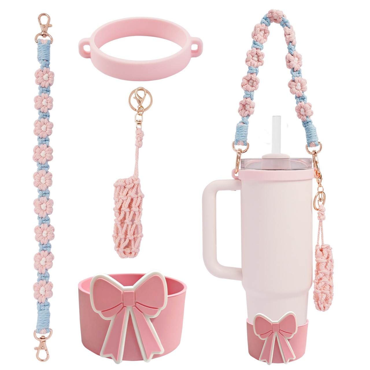 Accesorios de Amazon Stanley 40oz tejido corda de mano flor nudo gorra de paja cubierta taza colgante de pelo