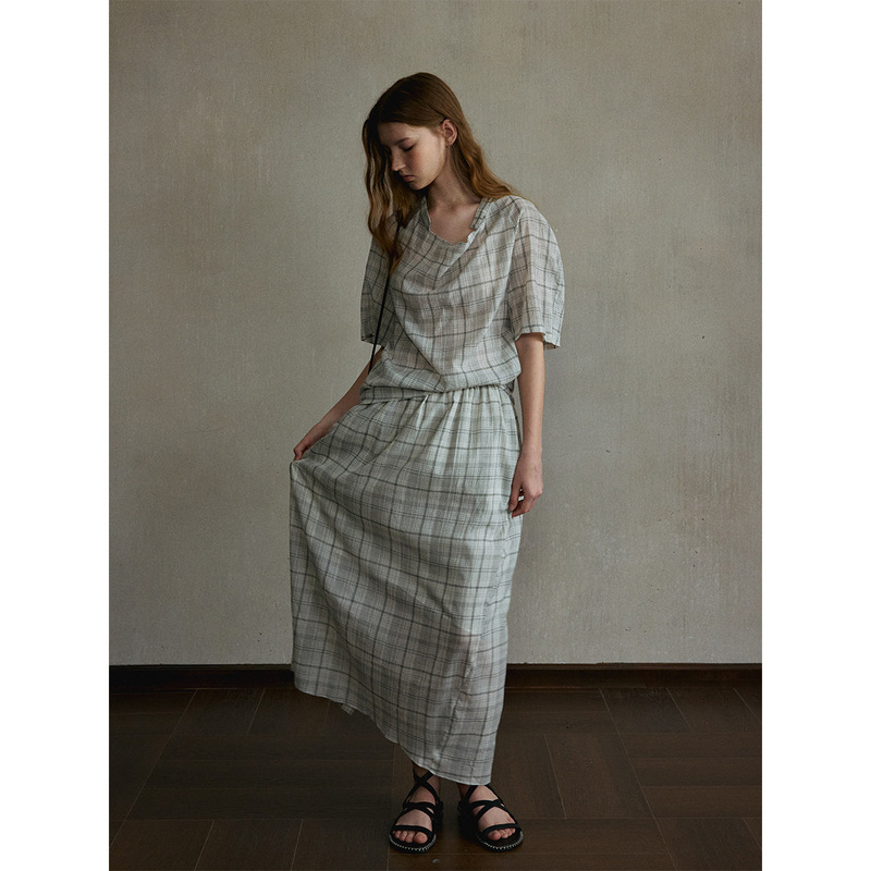 【识几】Thin Summer New Style Cotton Gauze Plaid Floral Long Skirt Simple Casual Versatile Half Skirt M61022 【识几】Thin Summer New Style Cotton Gauze Plaid Floral Long Skirt Simple Casual Versatile Half Skirt M61022