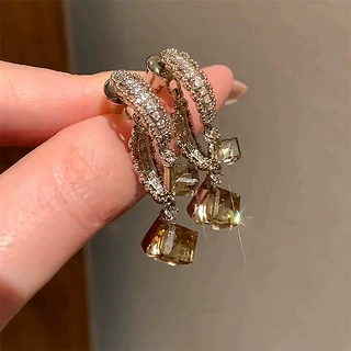 美拉德色系锆石水晶方形吊坠耳钉小众设计感耳环复古巨显白耳饰女