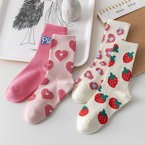 Pink Love Strawberry Socks for Women Spring and Autumn Style with Shark Pants Mid-calf Socks Fashionable and Versatile Cute Ins Trendy Long Socks