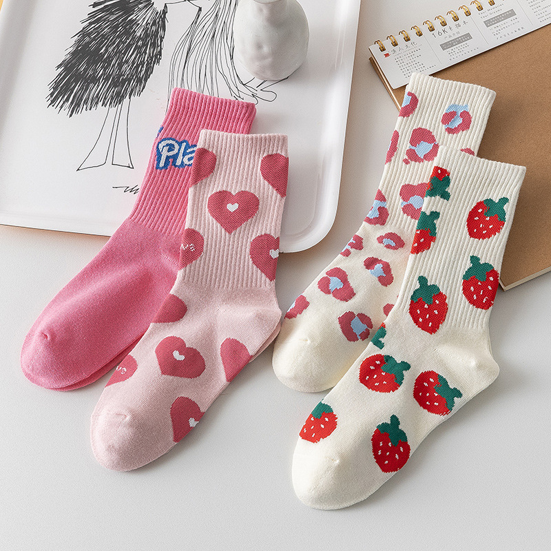 Pink Love Strawberry Socks Women's Spring and Autumn Shark Pants Mid-length Socks Fashionable All-match Cute Instagram Stylish Stockings
