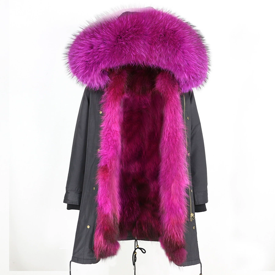 Raccoon‑dog fur mid‑length parka with large fur hood, water‑resistant outer, sizes XS–XXL