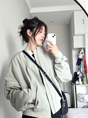 复古灰白色美式棒球服外套女秋冬季大码胖宽松显瘦工装夹克上衣