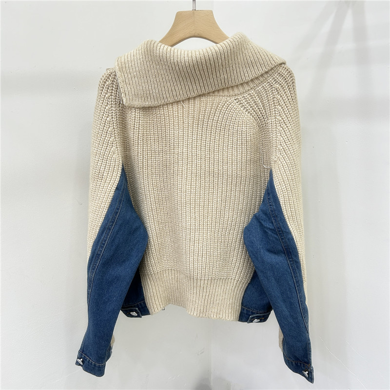 Chaqueta de Punto con Cuello Alto de Mezclilla con Cremallera