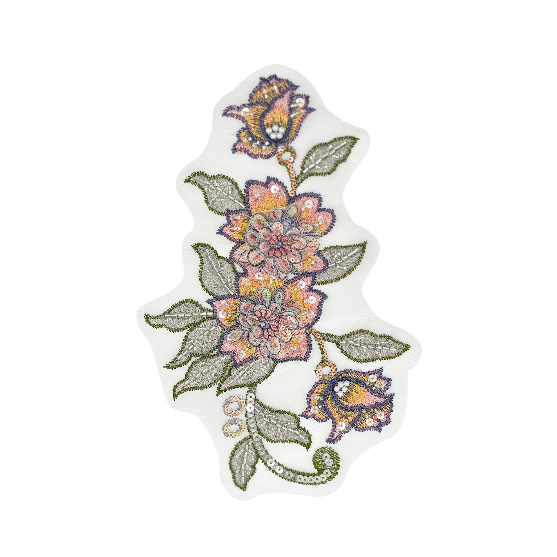 Flores verdes bordadas con cuentas de color, flores de pecho hechas a mano, parches tridimensionales, di-di pegado, accesorios de flores rosadas.
