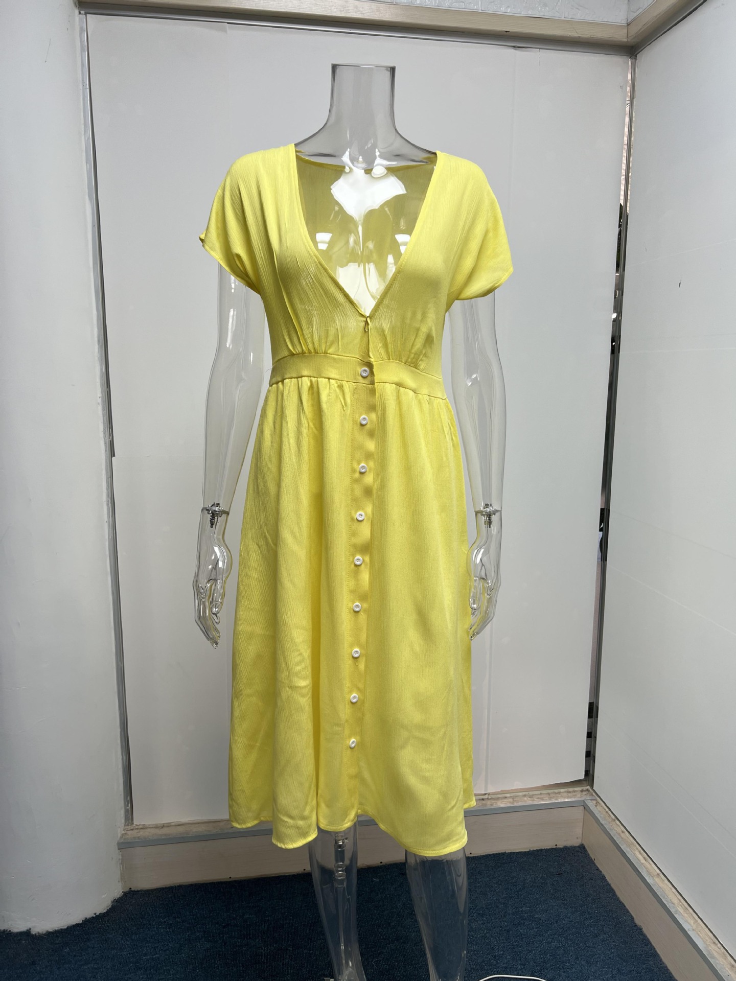 Summer Double Layer Tulle Solid Color Dress Women Deep V Plunge Short Sleeve Waist Controlled Maxi Dress