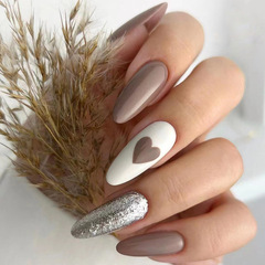 Long and medium-length round head light brown sparkly heart nail art with full nail glitters, Western and European Valentine's Day foreign trade style wearable nail stickers