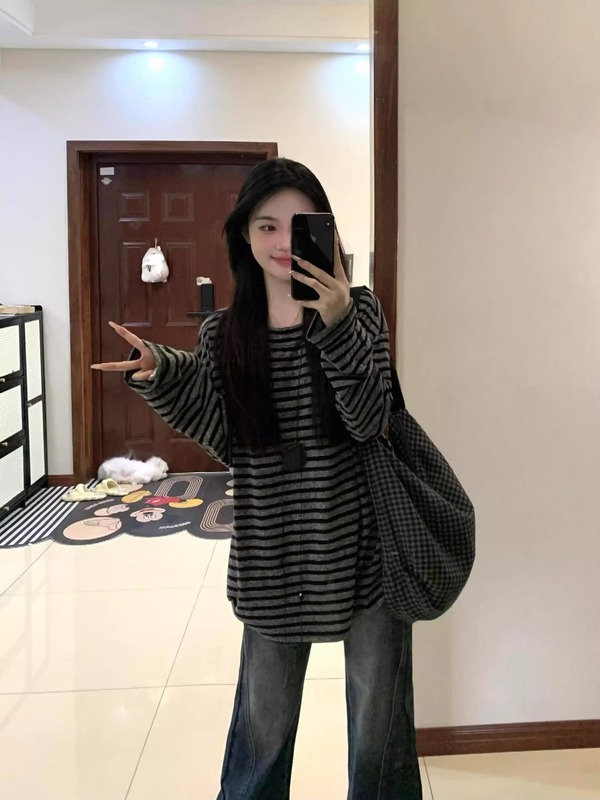 韩系撞色条纹长袖圆领t恤女早秋季新款松弛感慵懒风休闲宽松上衣|undefined
