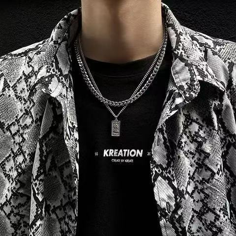 Titanium Steel Coin Pendant Necklace Double Layer Stacking Chain_voghion.com