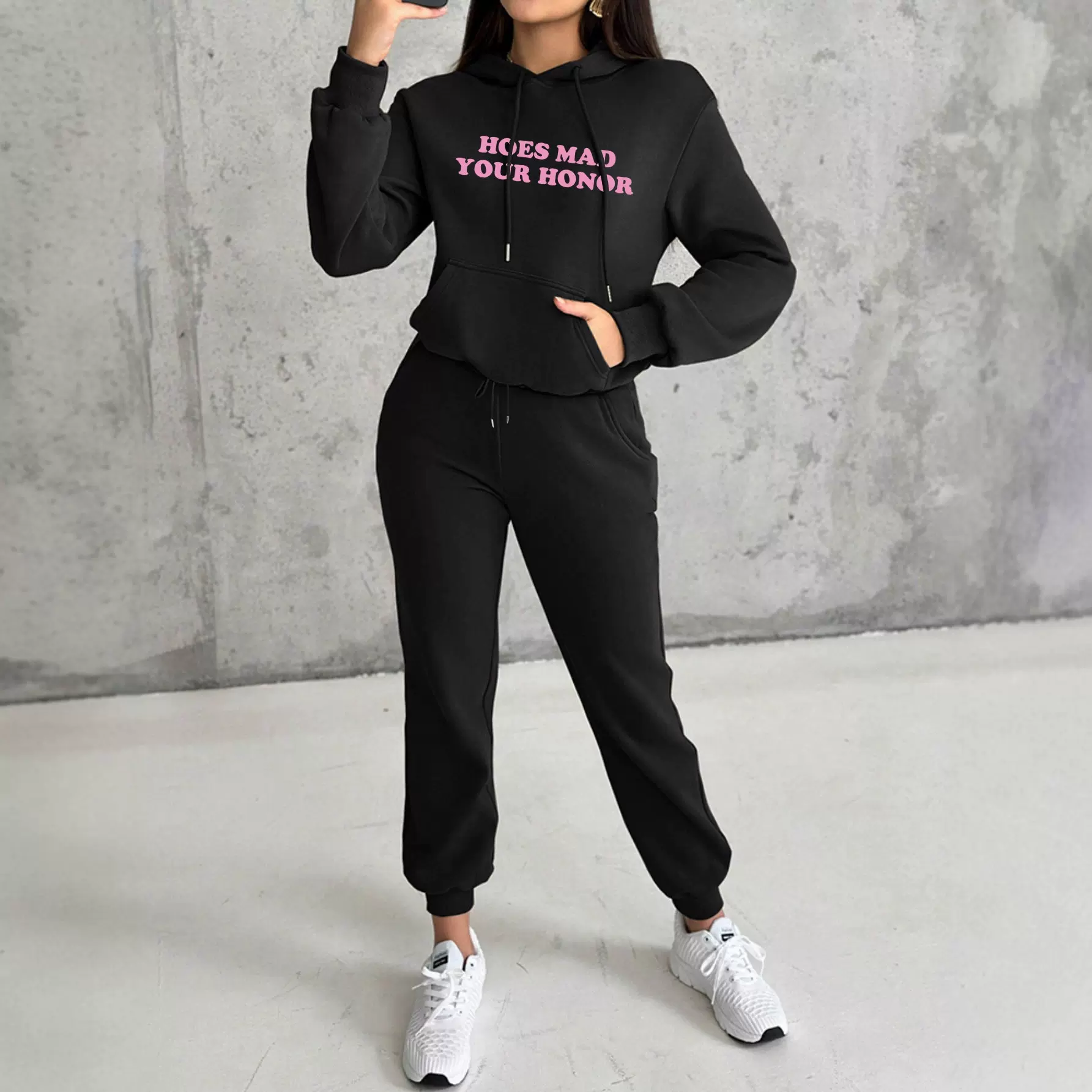 欧美风字母图案连帽卫衣卫裤休闲运动两件套 时尚街头风女式套装