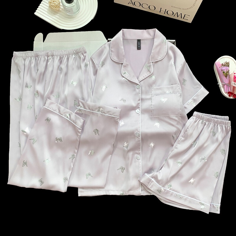 Summer Loose Girls' Ice and Snow Silk Three-Piece Set with Breast Pads, Short-Sleeved Cartoon Pajamas, Student Home Clothes Set