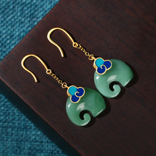Airyuan national trend niche cold enamel 925 silver needle Xiangyun elephant imitation Hetian jade retro style earrings