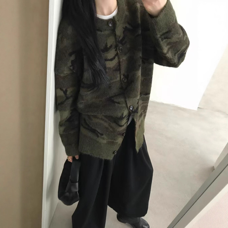 American High Street Retro Camouflage Knitted Cardigan Sweater