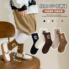 2023秋冬款童襪女中筒襪刺繡C字母棉堆堆襪運動襪廠家批發