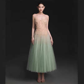 夏越南小众设计师女神仙气吊带撞色网纱蓬蓬连衣长裙礼服批现货