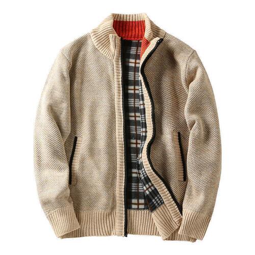 Fall/Winter Men's Stand-Neck Knitted Cardigan with Fleece Lining, Extra-Thick & Warm, Casual, Versatile Sweater Jacket Coat