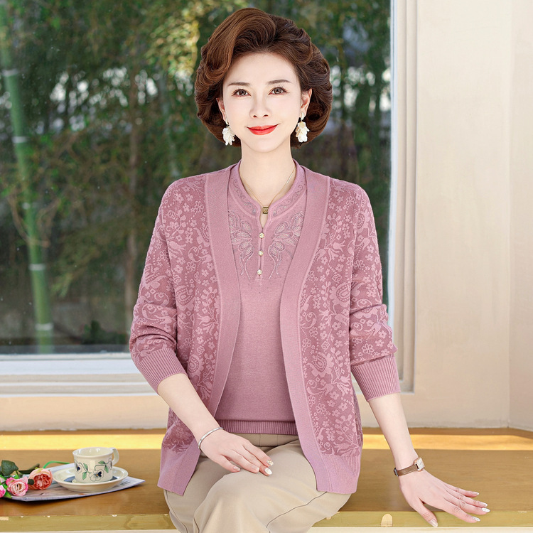2025春秋薄款针织衫两件套装妈妈大码外搭开衫新款大码妈妈装|undefined