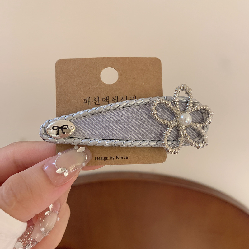 1657 Korean Sweet Pearl Alloy Flower Pink Pleated Fabric Bb Clip Texture Small Chanel-Style Hairpin Bangs Clip