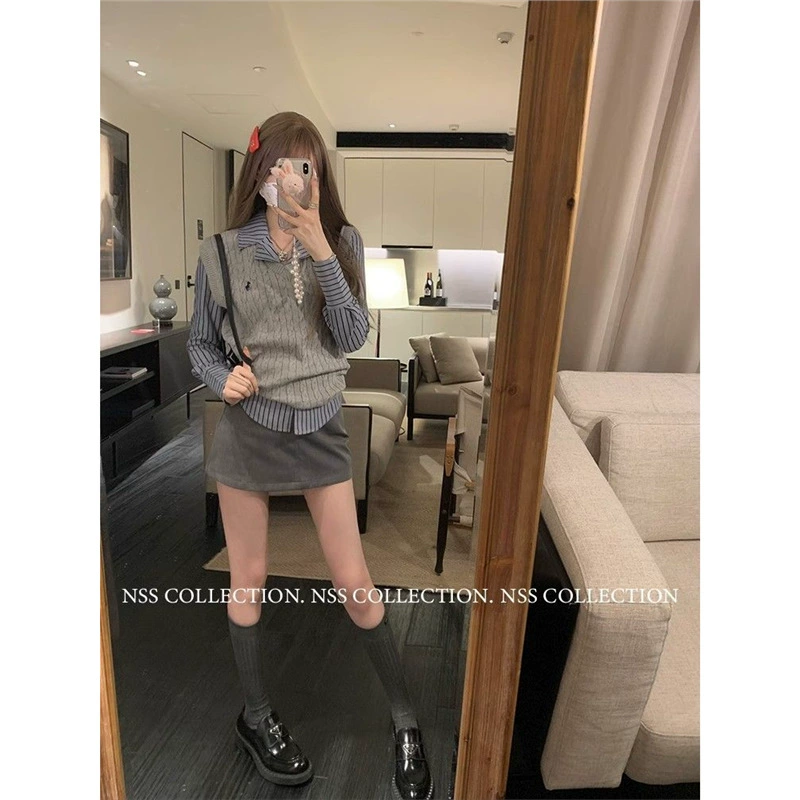 Демисезонный комплект, вязаный жилет, рубашка, облегающая юбка, slim fit, высокий пояс