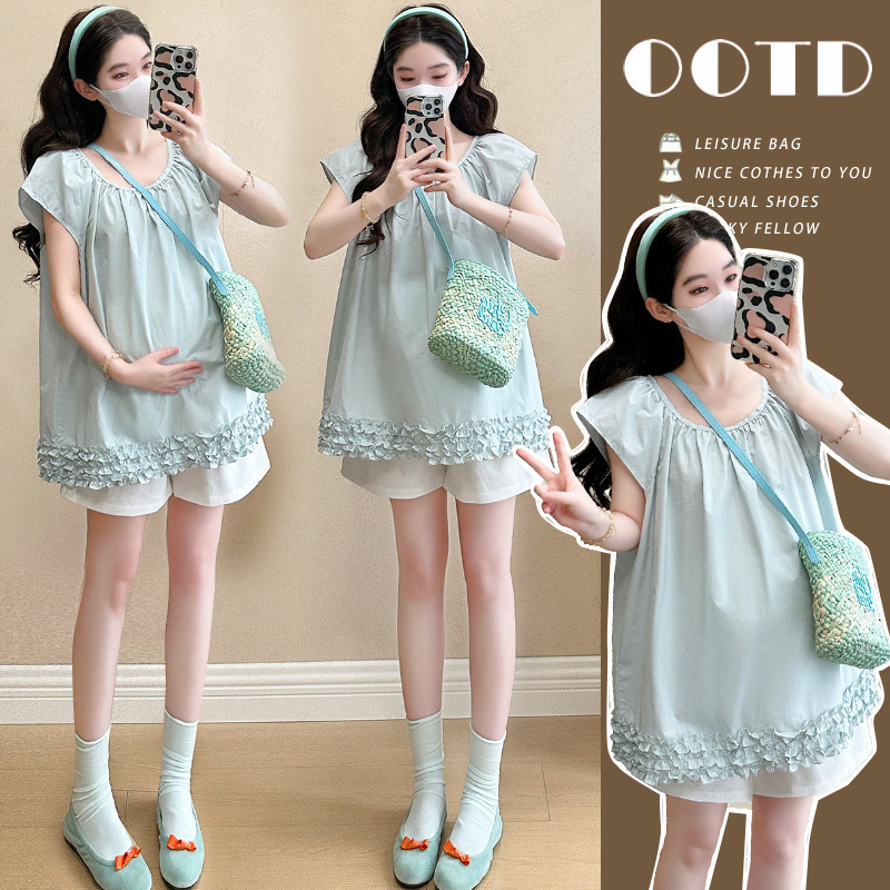 Maternity Summer Short-Sleeve Set 2026 New Stylish Versatile Patchwork Flutter Sleeve Shirt and Belly-Support Shorts Two-Piece Set