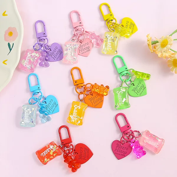 Candy Colorful Cute Transparent Bear Alloy Heart Keychain DIY Bag Mobile Phone Chain Jewelry Couple Pendant