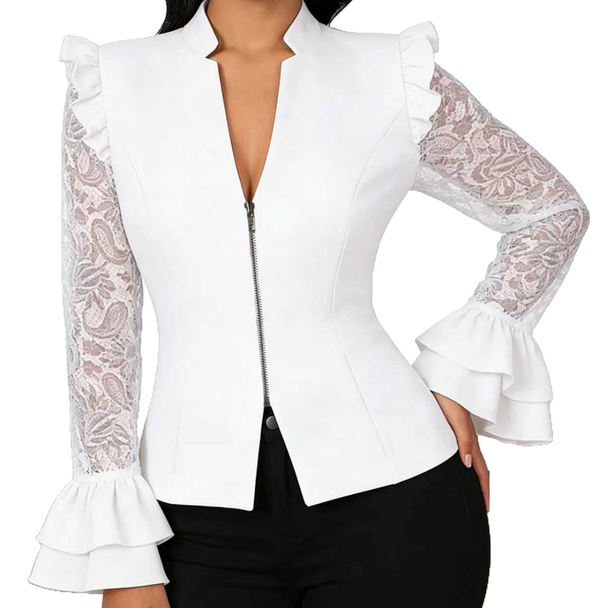 Kurze Damenbluse mit V-Ausschnitt und Spitze – Langärmliger Cardigan mit Reißverschluss (Elegant, leicht, vielseitig zum Kombinieren)_voghion.com