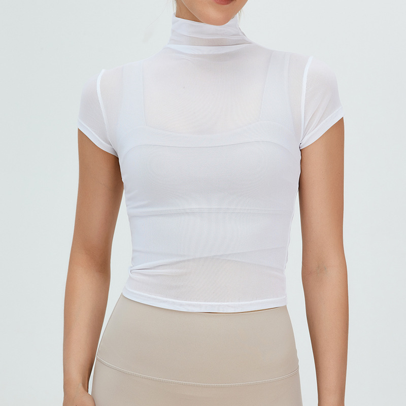 New Sexy Mesh High-Neck Sports Yoga Short-Sleeved Women's Tight-Fitting Pleated Breathable Running Sports Fitness Wear T-Shirt
