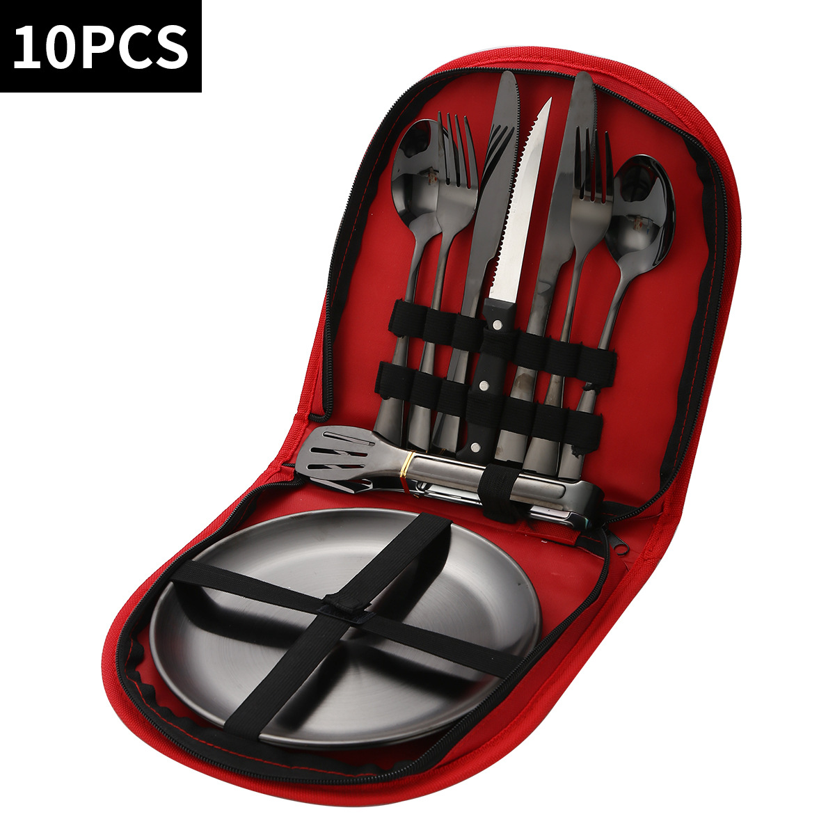 둥근 빨간색 가방 10개 세트 [검은색 식기]