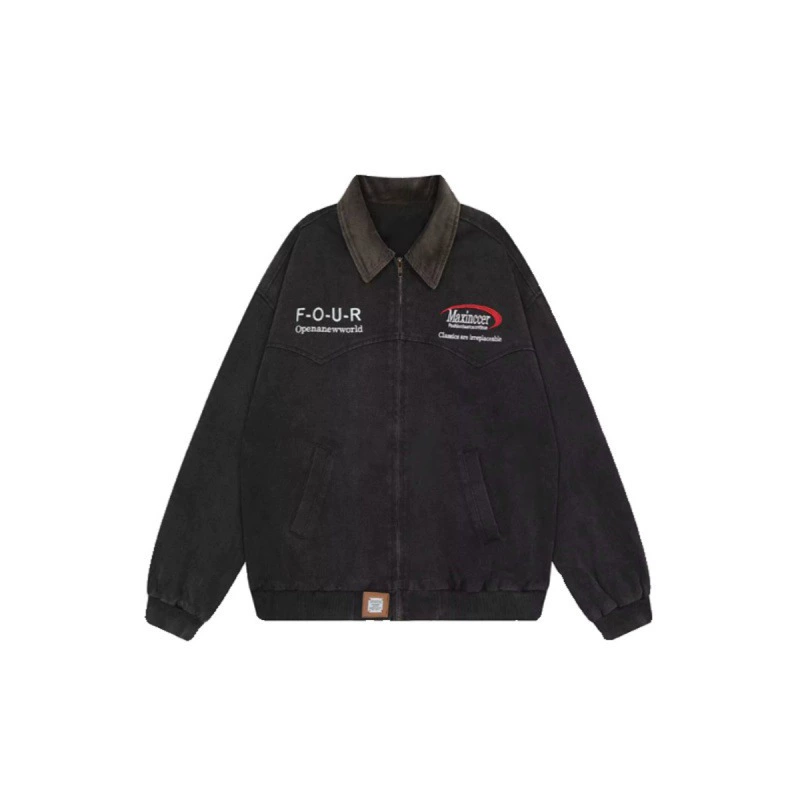 Американская ретро вышитая молния с лацканой делают старые куртки пальто для мужчин и женщин High Street vibe свободный повседневный дикий топ