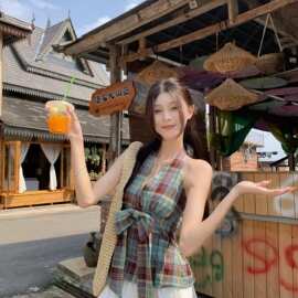 原版面料 后背打揽 背心女夏季复小众设计感蝴蝶结挂脖短款上衣