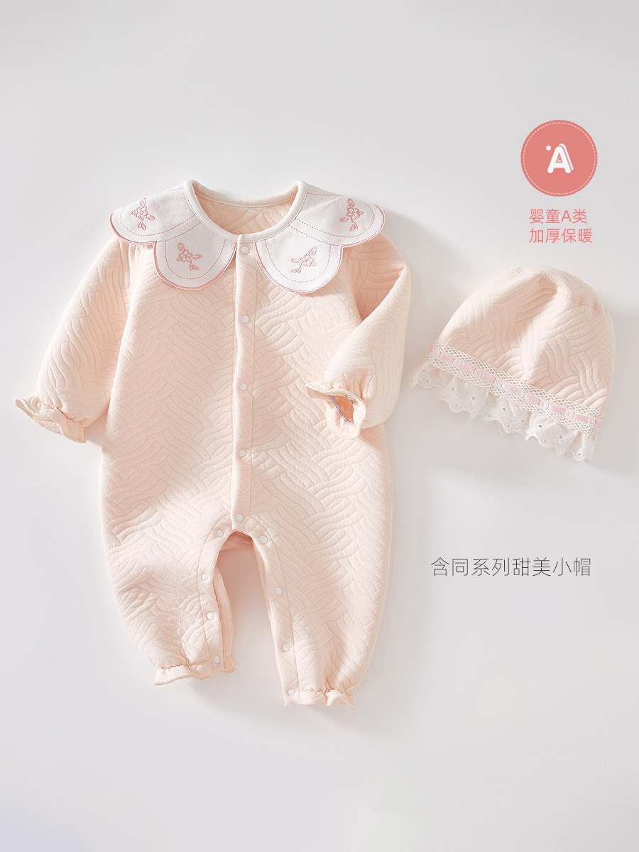 Ropa de bebé primavera y otoño nuevo algodón de manga larga bebé niña lindo encaje corbata sombrero mono mameluco