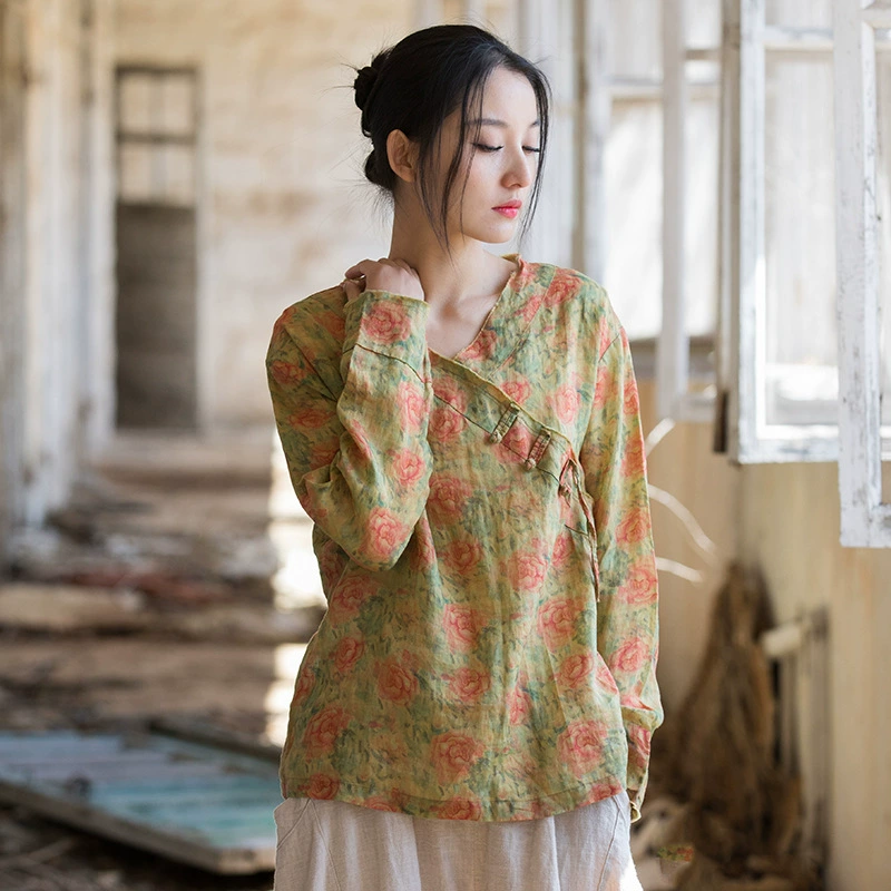 Новая женская футболка из хлопка и льна с цифровым принтом, тонкая, в осенне-зимнем стиле, с китайским дизайном, с бахромой и диагональной планкой на пуговицах