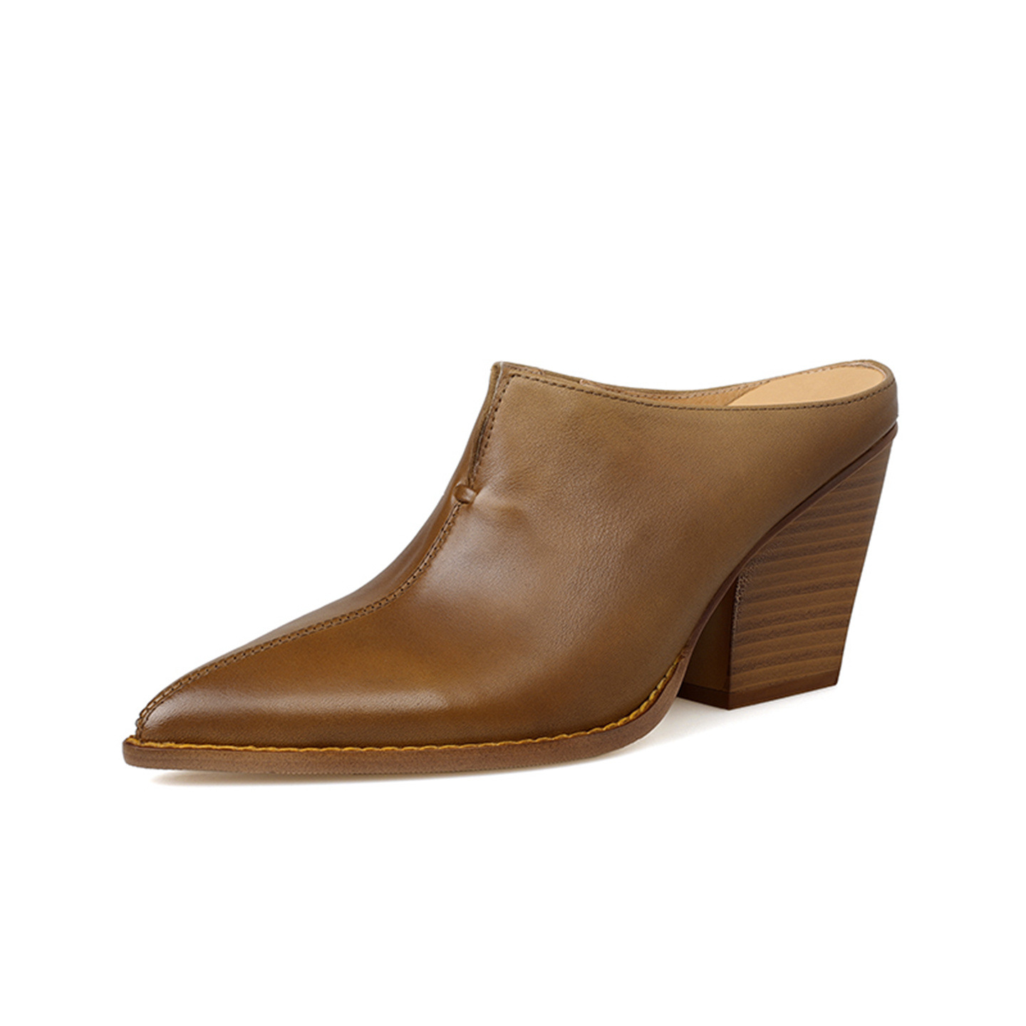 Giày mule nữ da bò mũi nhọn gót cao 7 cm phong cách Âu Mỹ — đen