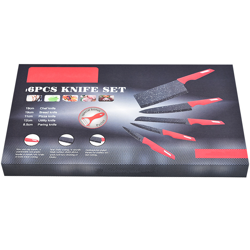 Suministro directo de fábrica de tinta de piedra hoja de acero mango rojo cuchillo de seis piezas traje de cuchillo de cocina de acero inoxidable traje de pintura en aerosol cuchillo
