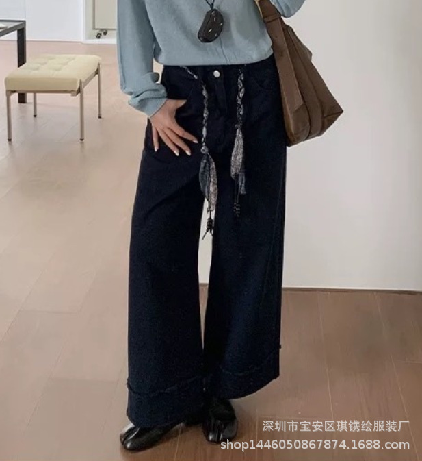 琪镌绘制秋季新款简约直筒显瘦高腰拼接毛边宽松休闲长裤女9986|undefined