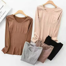 秋冬款保暖内衣女毛圈薄绒中厚款低领美体紧身长袖收腹上衣