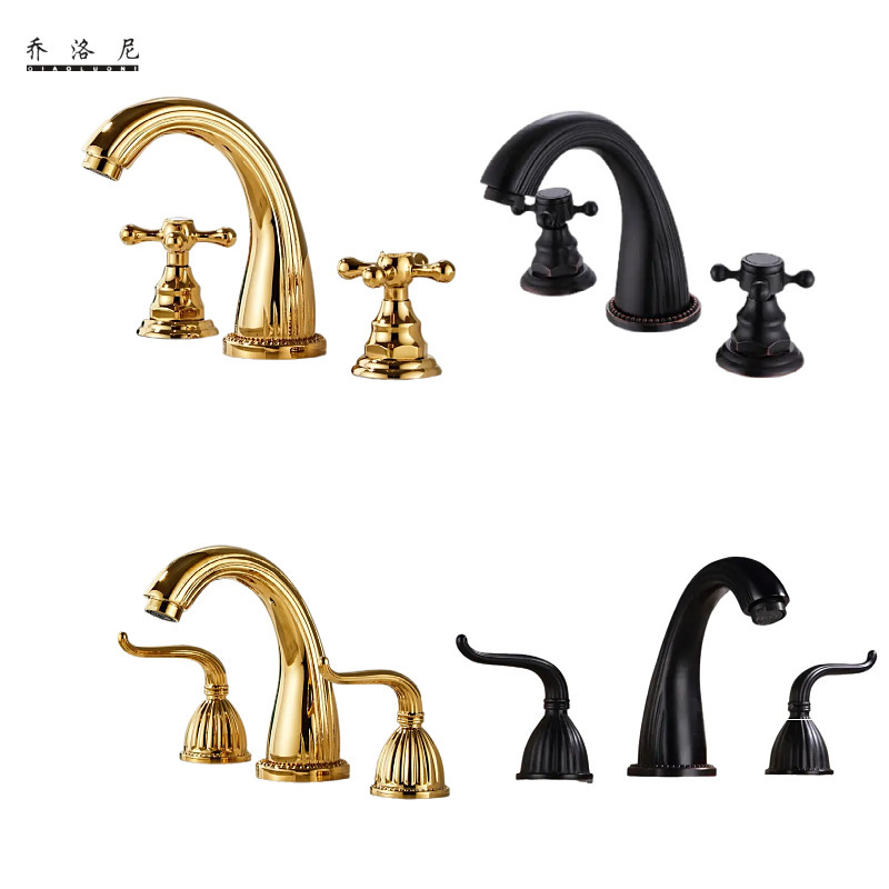 Retro Three-Hole Faucet Set Antique Double Switch Basin Faucet Brass Split Hot and Cold Faucet Three-Piece Set