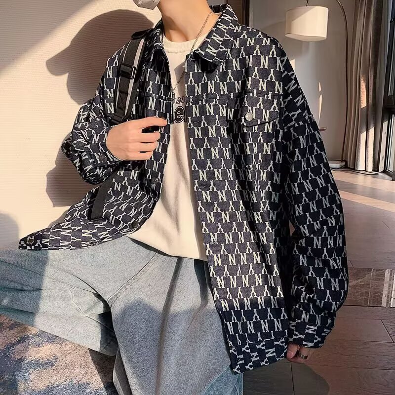 Shirts, Spring and Autumn New Style Denim Jackets, Men's Loose Checkerboard Print Denim Jackets, Men's Trendy Denim Jackets Shirts, Spring and Autumn New Style Denim Jackets, Men's Loose Checkerboard Print Denim Jackets, Men's Trendy Denim Jackets
