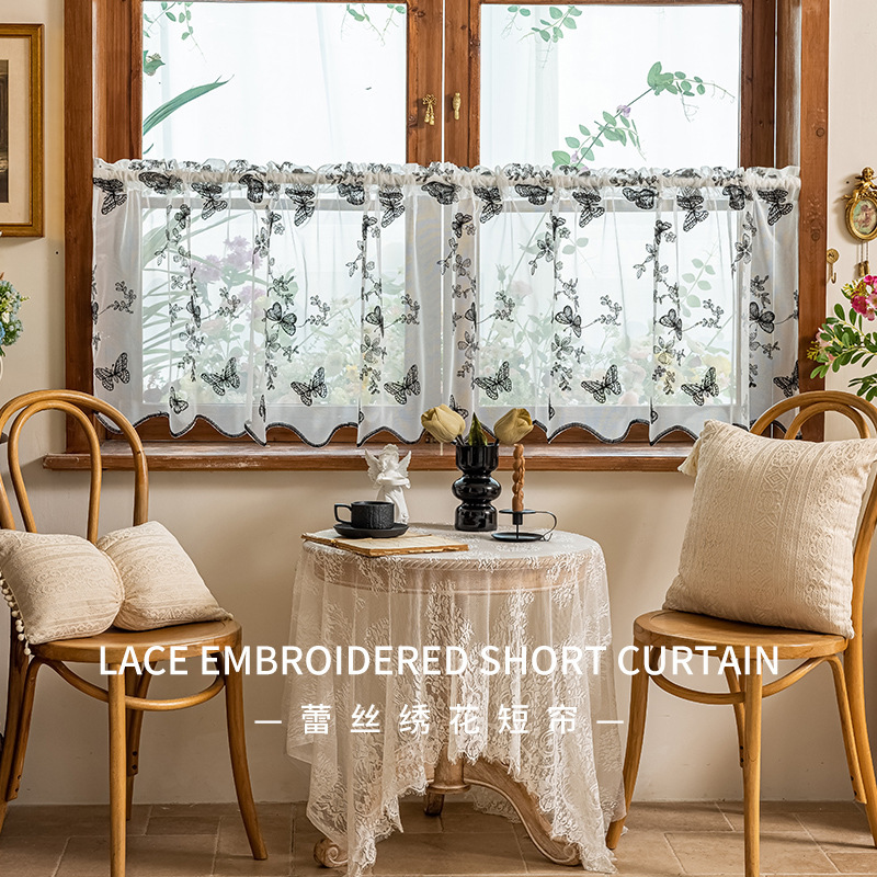 Little White Mouse Home Decor Fabric Lace Short Curtain Embroidered Black Butterfly Sheer Curtain Door Curtain Translucent Light Blocking Curtain