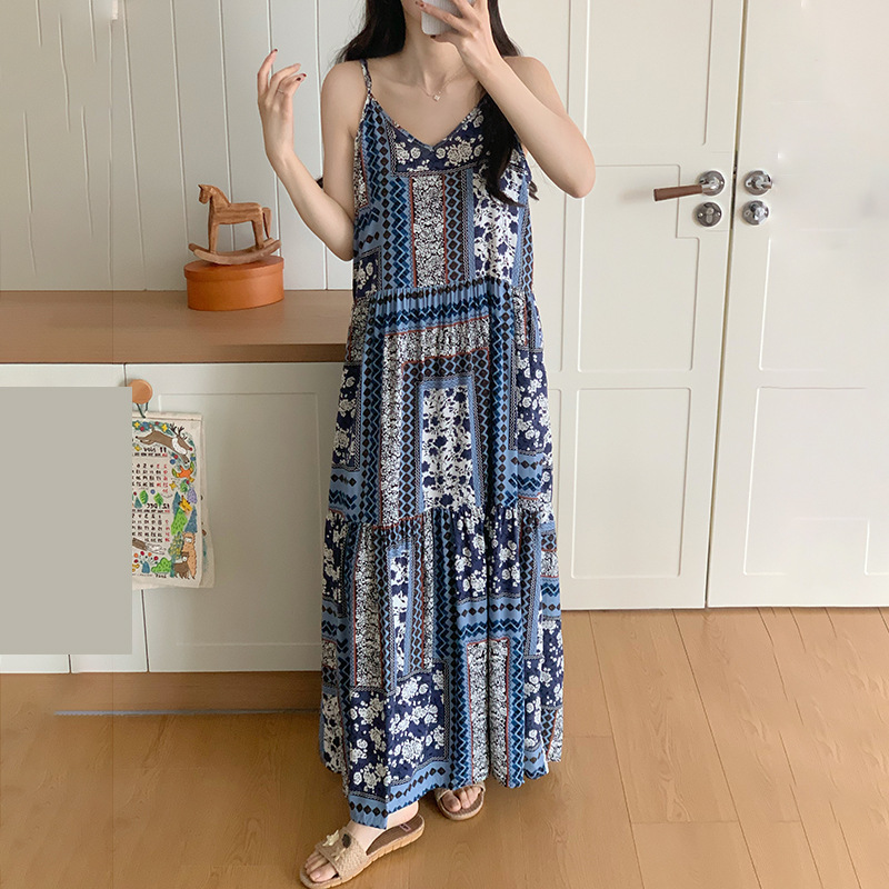 Cotton Silk Camisole Nightgown for Women, Summer French Style, High-End Beach Vacation Long Dress, Internet Celebrity Style, Plus Size Loungewear
