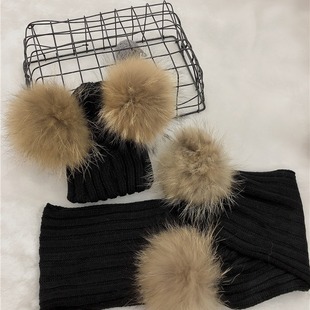 Winter Children's hat scarf with fur ball warm suit wool hat boys and girls knitted hat two-piece set
