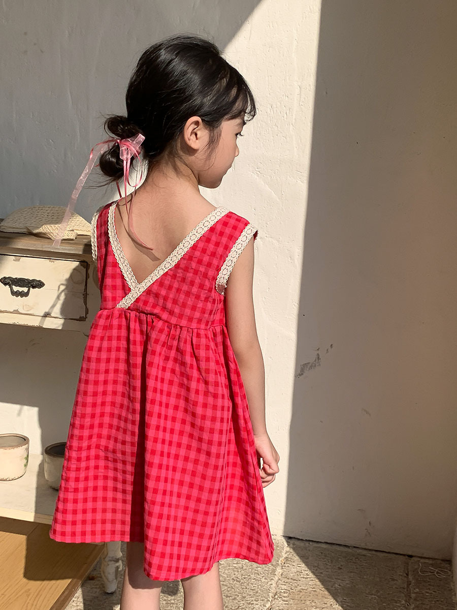 Baby Girl Korean Style Plaid Sleeveless Vest Dress 2025 Summer Kidsren's New Loose Backless Dress Princess Dress