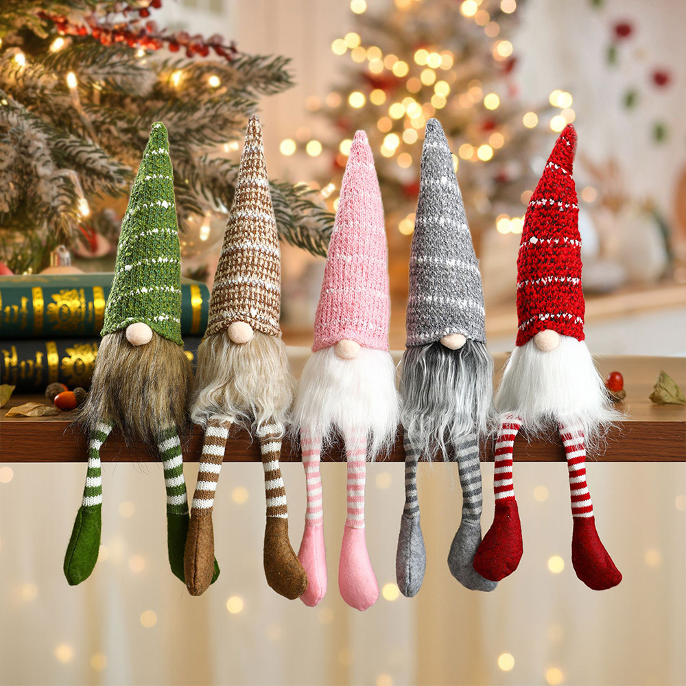 Adornos navideños transfronterizos: gorro de punto a rayas, muñeco de Rudolph con piernas colgantes, muñeco sin rostro, gnomo, adornos para hotel.