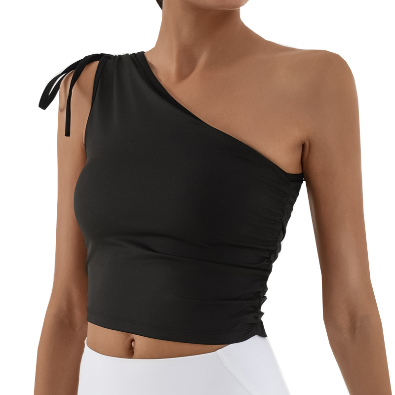 Nuevo chaleco de yoga para mujer plisado de un solo hombro con almohadilla para el pecho