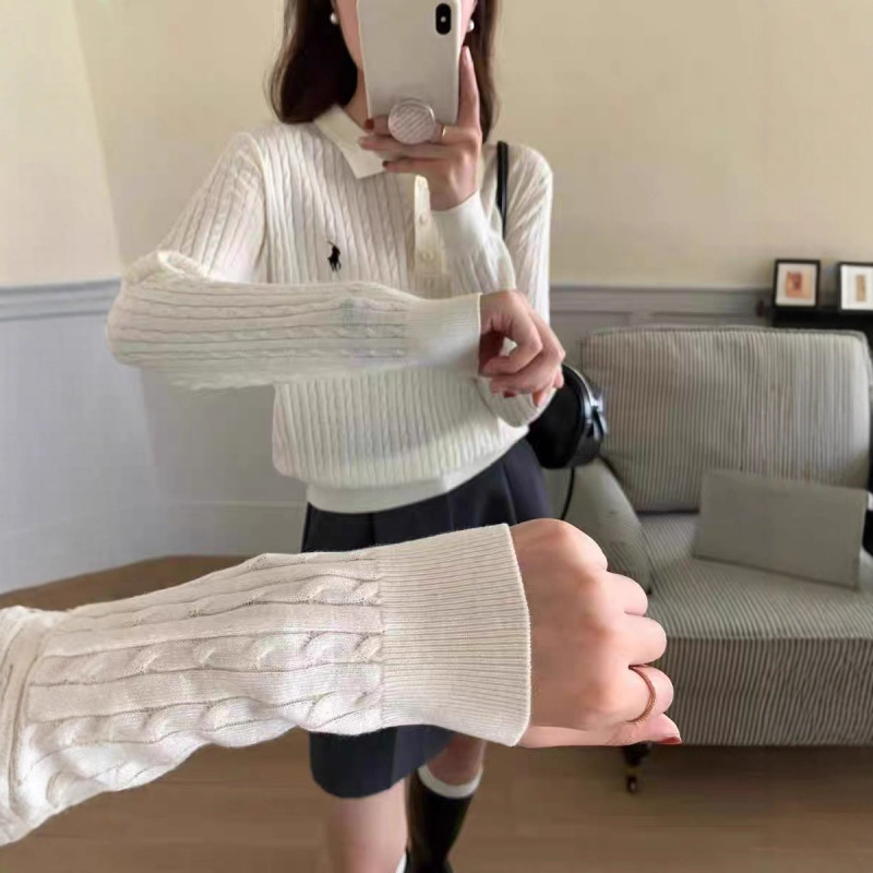 蚕丝羊毛POLO小马刺绣针织打底衫女秋冬复古修身长袖麻花翻领毛衣|undefined
