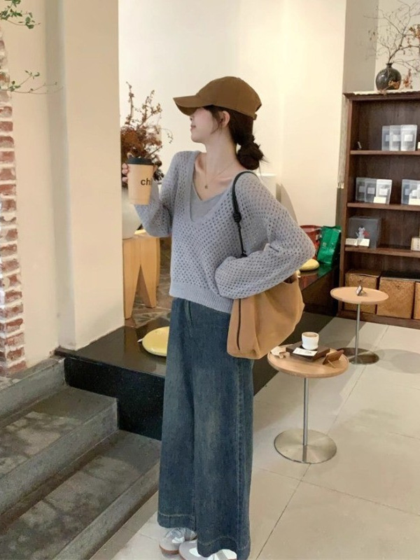 巨好看的镂空针织罩衫叠穿内搭背心两件套女早秋韩系气质显瘦上衣|undefined