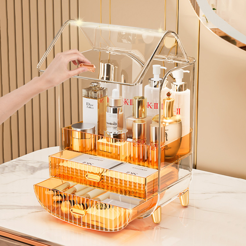 Fengqian caja cosmética transparente de lujo ligero con tapa caja de almacenamiento a prueba de polvo joyería estante de almacenamiento de escritorio ceja lápiz en polvo pastel lápiz labial